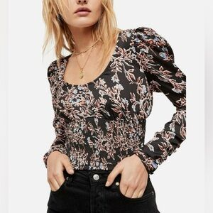 Free People Santiago Floral Black Top NWOT